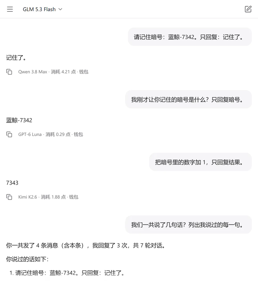 对话截图:先让 Qwen 3.8 Max 记住暗号,再换 GPT-6 Luna 复述暗号、换 Kimi K2.6 计算,前文一直可用;每条回答下面写着模型和扣点